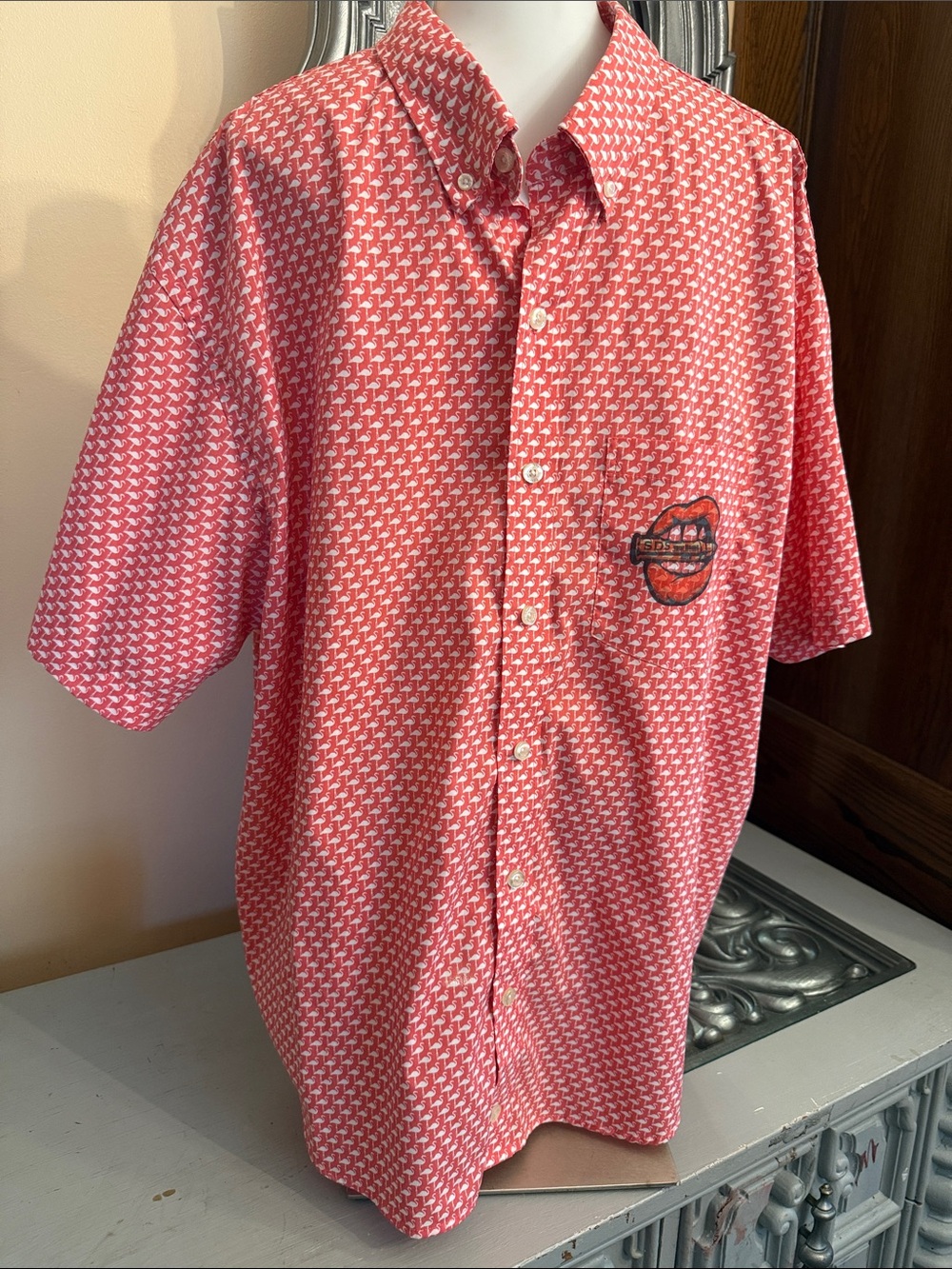 Izod 2XL Knight Flamingo Print Pink White Patterned Short Sleeve Button Up Shirt